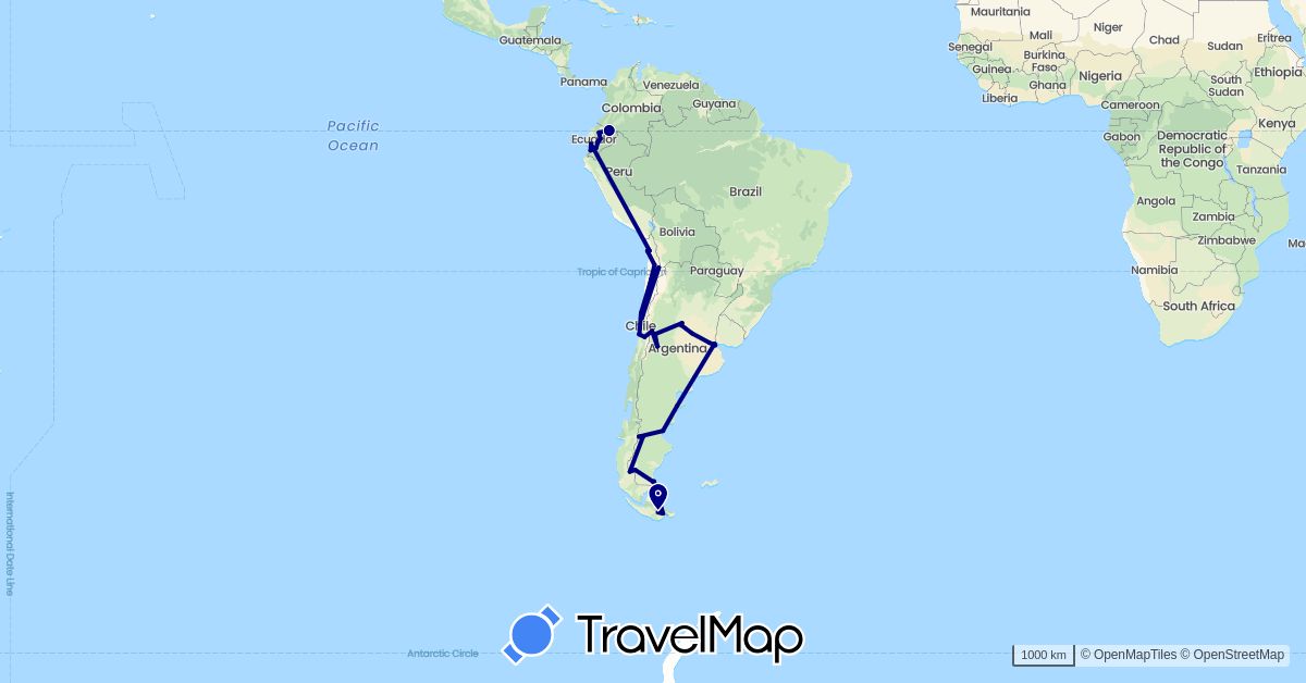TravelMap itinerary: driving in Argentina, Chile, Ecuador (South America)